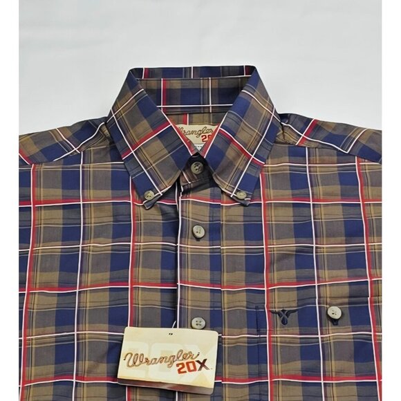 Wrangler 20X Mens Medium Navy Brown Red Check Embroidered Neck Pocket Logo NWT - Picture 1 of 11